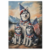 Siberian Husky Dog Family in Patriotic Outfits and Party Hats with American Flags and Mountain Scenery for Fourth of July on Ready to Hang 1.5" Thick Canvas Wrap, Floating Framed Canvas, Flat Rolled Canvas